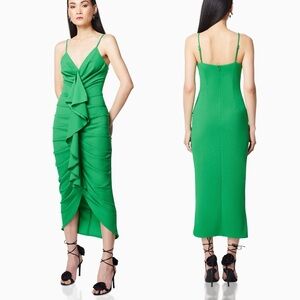 Elliatt Green Ruffle Front Ruched Bodycon Midi Dress Sz Small